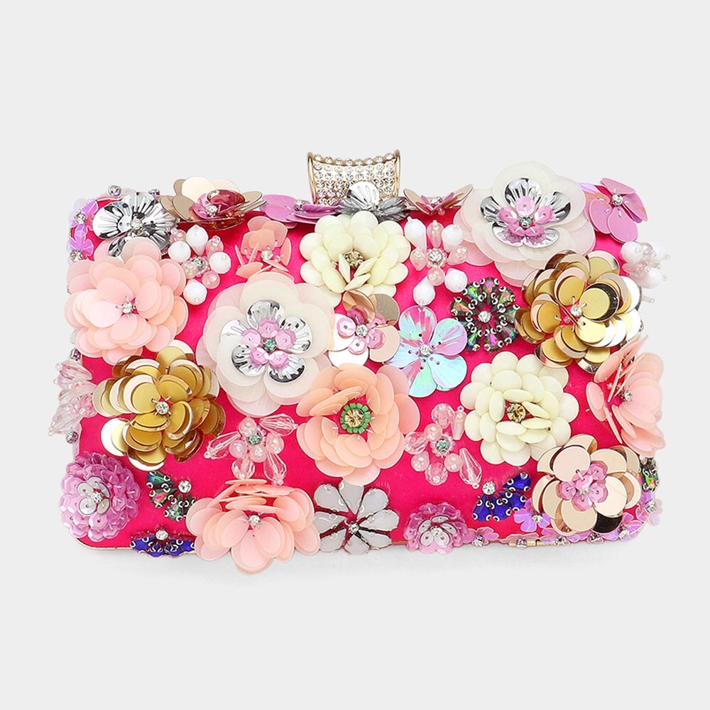Sequin 3-D Flower Embellished Clutch Evening Bag - Picture 3 of 5
